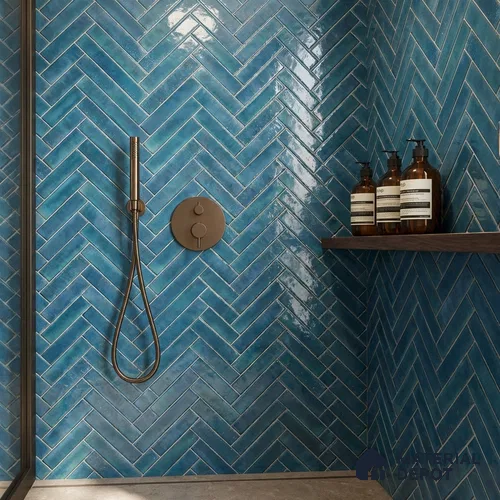 Faux Subway Wall Tile TL 11683 Indigo Herringbone 2 ft x 1 ft Ceramic Glossy Finish Tile - 9 mm | Suitable For Bathroom, Basin Area, Kitchen Backsplash