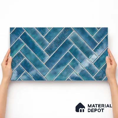 Faux Subway Wall Tile TL 11683 Indigo Herringbone 2 ft x 1 ft Ceramic Glossy Finish Tile - 9 mm | Suitable For Bathroom, Basin Area, Kitchen Backsplash