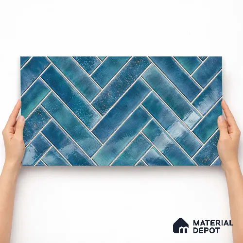 Faux Subway Wall Tile TL 11683 Indigo Herringbone 2 ft x 1 ft Ceramic Glossy Finish Tile - 9 mm | Suitable For Bathroom, Balcony & Kitchen Backsplash