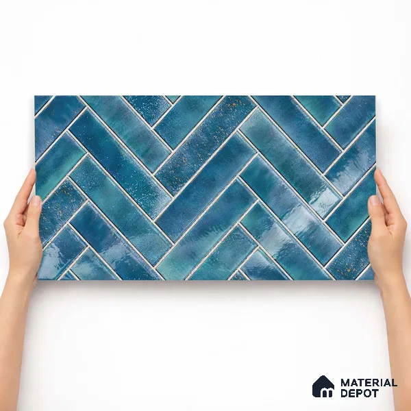 Faux Subway Wall Tile TL 11683 Indigo Herringbone 2 ft x 1 ft Ceramic Glossy Finish Tile - 9 mm | Suitable For Bathroom, Basin Area, Kitchen Backsplash