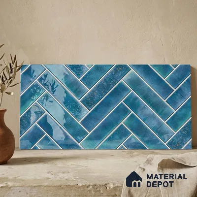 Faux Subway Wall Tile TL 11683 Indigo Herringbone 2 ft x 1 ft Ceramic Glossy Finish Tile - 9 mm | Suitable For Bathroom, Basin Area, Kitchen Backsplash