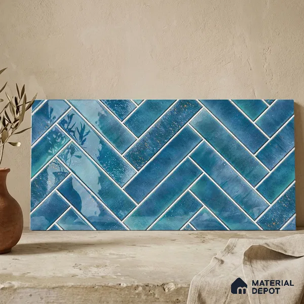 Faux Subway Wall Tile TL 11683 Indigo Herringbone 2 ft x 1 ft Ceramic Glossy Finish Tile - 9 mm | Suitable For Bathroom, Basin Area, Kitchen Backsplash