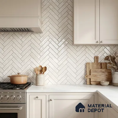 Faux Subway Wall Tile TL 11683 B Ivory Herringbone 2 ft x 1 ft Ceramic Glossy Finish Tile - 9 mm | Suitable For Bathroom, Basin Area, Kitchen Backsplash