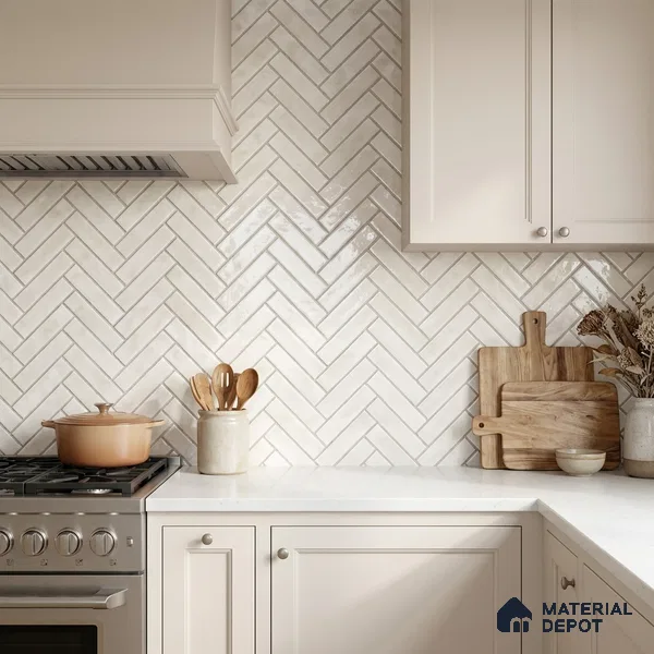 Faux Subway Wall Tile TL 11683 B Ivory Herringbone 2 ft x 1 ft Ceramic Glossy Finish Tile - 9 mm | Suitable For Bathroom, Basin Area, Kitchen Backsplash