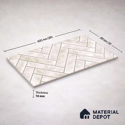Faux Subway Wall Tile TL 11683 B Ivory Herringbone 2 ft x 1 ft Ceramic Glossy Finish Tile - 9 mm | Suitable For Bathroom, Basin Area, Kitchen Backsplash