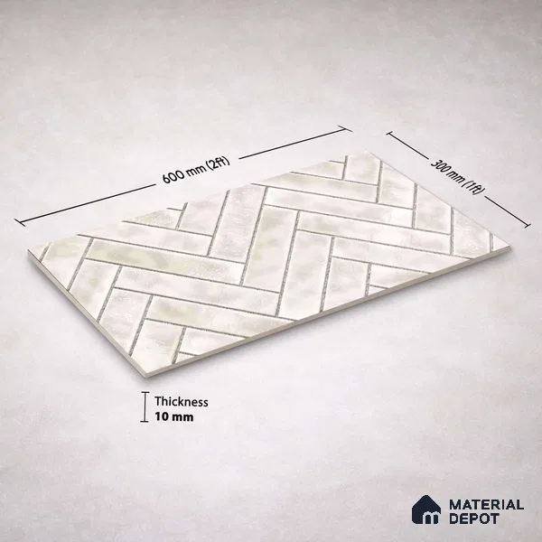 Faux Subway Wall Tile TL 11683 B Ivory Herringbone 2 ft x 1 ft Ceramic Glossy Finish Tile - 9 mm | Suitable For Bathroom, Basin Area, Kitchen Backsplash