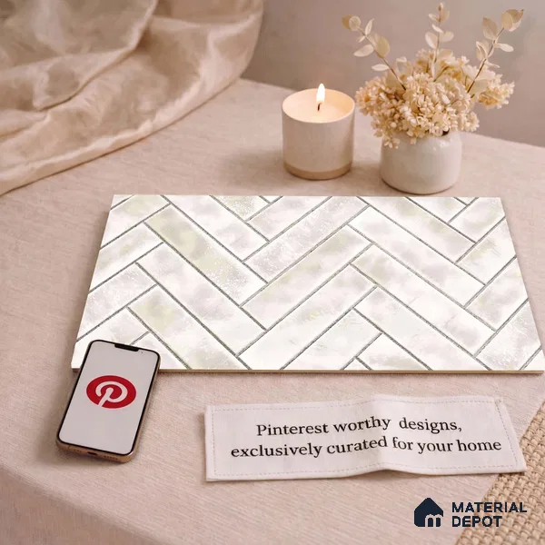 Faux Subway Wall Tile TL 11683 B Ivory Herringbone 2 ft x 1 ft Ceramic Glossy Finish Tile - 9 mm | Suitable For Bathroom, Basin Area, Kitchen Backsplash