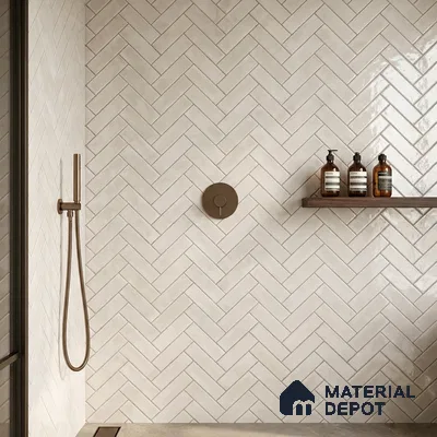 Faux Subway Wall Tile TL 11683 B Ivory Herringbone 2 ft x 1 ft Ceramic Glossy Finish Tile - 9 mm | Suitable For Bathroom, Basin Area, Kitchen Backsplash