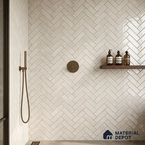 Faux Subway Wall Tile TL 11683 B Ivory Herringbone 2 ft x 1 ft Ceramic Glossy Finish Tile - 9 mm | Suitable For Bathroom, Balcony & Kitchen Backsplash