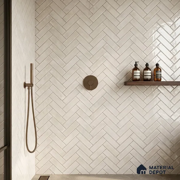 Faux Subway Wall Tile TL 11683 B Ivory Herringbone 2 ft x 1 ft Ceramic Glossy Finish Tile - 9 mm | Suitable For Bathroom, Basin Area, Kitchen Backsplash