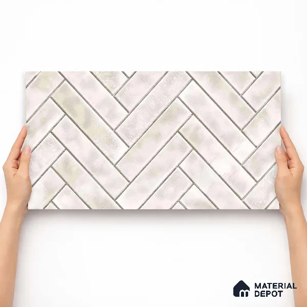 Faux Subway Wall Tile TL 11683 B Ivory Herringbone 2 ft x 1 ft Ceramic Glossy Finish Tile - 9 mm | Suitable For Bathroom, Basin Area, Kitchen Backsplash