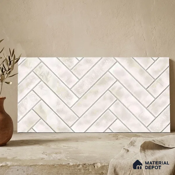 Faux Subway Wall Tile TL 11683 B Ivory Herringbone 2 ft x 1 ft Ceramic Glossy Finish Tile - 9 mm | Suitable For Bathroom, Basin Area, Kitchen Backsplash