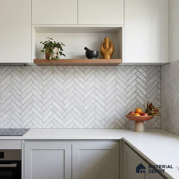 Faux Subway Wall Tile TL 11683 C Frosted Herringbone 2 ft x 1 ft Ceramic Glossy Finish Tile - 9 mm | Suitable For Bathroom, Basin Area, Kitchen Backsplash