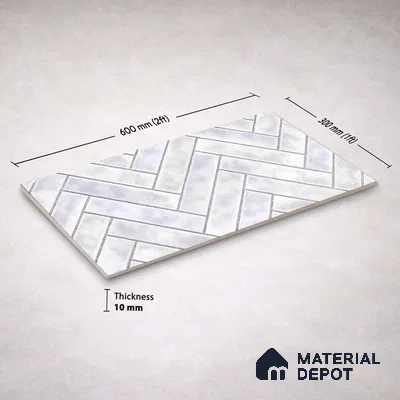 Faux Subway Wall Tile TL 11683 C Frosted Herringbone 2 ft x 1 ft Ceramic Glossy Finish Tile - 9 mm | Suitable For Bathroom, Basin Area, Kitchen Backsplash