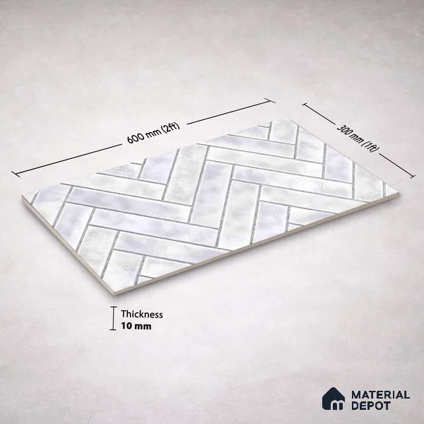 Faux Subway Wall Tile TL 11683 C Frosted Herringbone 2 ft x 1 ft Ceramic Glossy Finish Tile - 9 mm | Suitable For Bathroom, Basin Area, Kitchen Backsplash