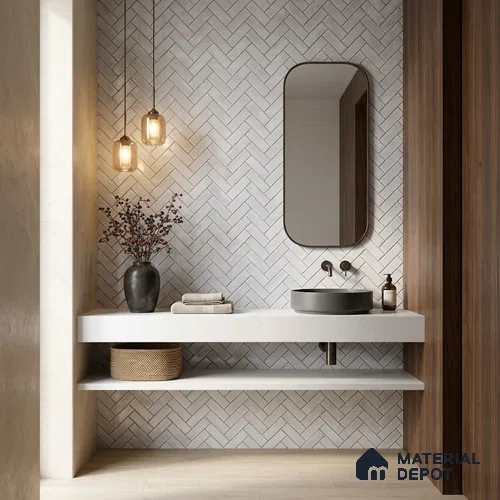 Faux Subway Wall Tile TL 11683 C Frosted Herringbone 2 ft x 1 ft Ceramic Glossy Finish Tile - 9 mm | Suitable For Bathroom, Balcony & Kitchen Backsplash