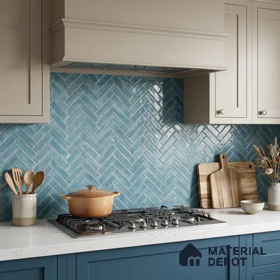 Faux Subway Wall Tile TL 11683 D Azure Herringbone 2 ft x 1 ft Ceramic Glossy Finish Tile - 9 mm | Suitable For Bathroom, Basin Area, Kitchen Backsplash