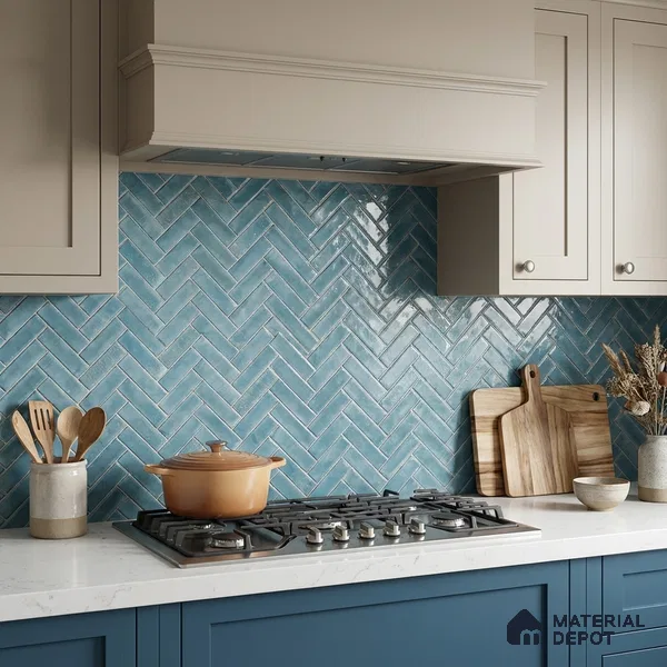 Faux Subway Wall Tile TL 11683 D Azure Herringbone 2 ft x 1 ft Ceramic Glossy Finish Tile - 9 mm | Suitable For Bathroom, Basin Area, Kitchen Backsplash