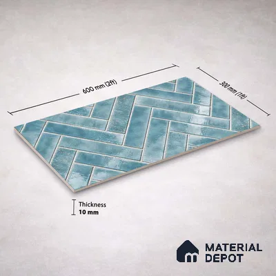 Faux Subway Wall Tile TL 11683 D Azure Herringbone 2 ft x 1 ft Ceramic Glossy Finish Tile - 9 mm | Suitable For Bathroom, Basin Area, Kitchen Backsplash