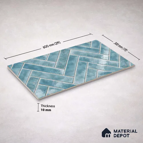 Faux Subway Wall Tile TL 11683 D Azure Herringbone 2 ft x 1 ft Ceramic Glossy Finish Tile - 9 mm | Suitable For Bathroom, Balcony & Kitchen Backsplash