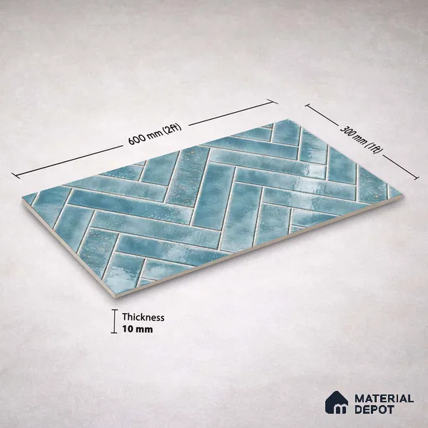 Faux Subway Wall Tile TL 11683 D Azure Herringbone 2 ft x 1 ft Ceramic Glossy Finish Tile - 9 mm | Suitable For Bathroom, Basin Area, Kitchen Backsplash