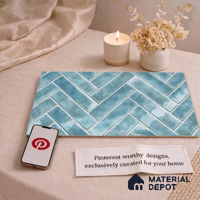 Faux Subway Wall Tile TL 11683 D Azure Herringbone 2 ft x 1 ft Ceramic Glossy Finish Tile - 9 mm | Suitable For Bathroom, Basin Area, Kitchen Backsplash