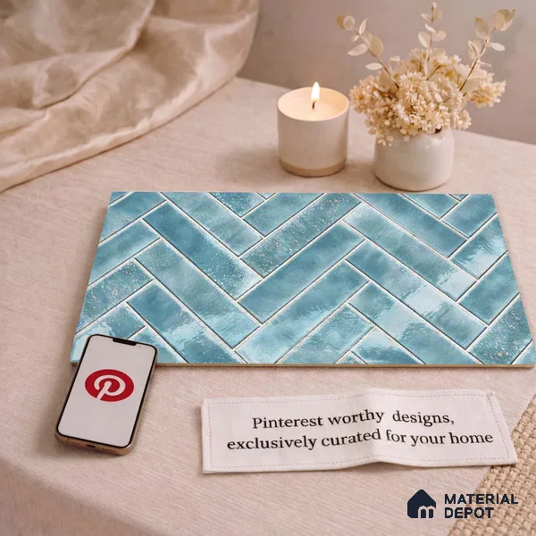 Faux Subway Wall Tile TL 11683 D Azure Herringbone 2 ft x 1 ft Ceramic Glossy Finish Tile - 9 mm | Suitable For Bathroom, Basin Area, Kitchen Backsplash