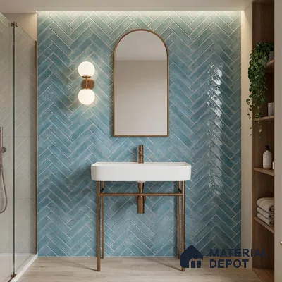 Faux Subway Wall Tile TL 11683 D Azure Herringbone 2 ft x 1 ft Ceramic Glossy Finish Tile - 9 mm | Suitable For Bathroom, Basin Area, Kitchen Backsplash
