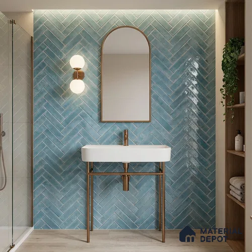Faux Subway Wall Tile TL 11683 D Azure Herringbone 2 ft x 1 ft Ceramic Glossy Finish Tile - 9 mm | Suitable For Bathroom, Basin Area, Kitchen Backsplash