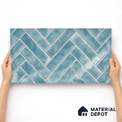 Faux Subway Wall Tile TL 11683 D Azure Herringbone 2 ft x 1 ft Ceramic Glossy Finish Tile - 9 mm | Suitable For Bathroom, Basin Area, Kitchen Backsplash