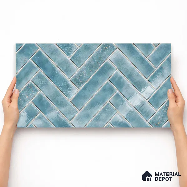 Faux Subway Wall Tile TL 11683 D Azure Herringbone 2 ft x 1 ft Ceramic Glossy Finish Tile - 9 mm | Suitable For Bathroom, Basin Area, Kitchen Backsplash