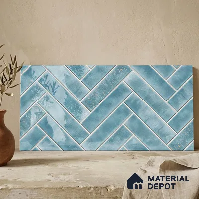 Faux Subway Wall Tile TL 11683 D Azure Herringbone 2 ft x 1 ft Ceramic Glossy Finish Tile - 9 mm | Suitable For Bathroom, Basin Area, Kitchen Backsplash