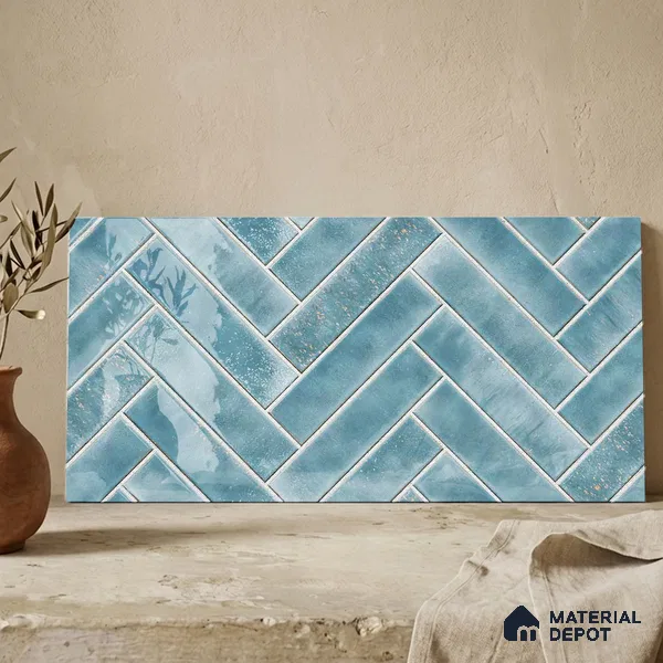 Faux Subway Wall Tile TL 11683 D Azure Herringbone 2 ft x 1 ft Ceramic Glossy Finish Tile - 9 mm | Suitable For Bathroom, Basin Area, Kitchen Backsplash