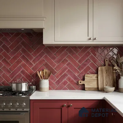 Faux Subway Wall Tile TL 11683 E Crimson Herringbone 2 ft x 1 ft Ceramic Glossy Finish Tile - 9 mm | Suitable For Bathroom, Basin Area, Kitchen Backsplash