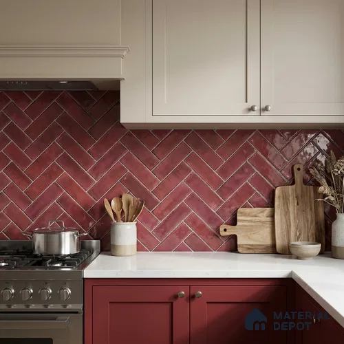 Faux Subway Wall Tile TL 11683 E Crimson Herringbone 2 ft x 1 ft Ceramic Glossy Finish Tile - 9 mm | Suitable For Bathroom, Balcony & Kitchen Backsplash