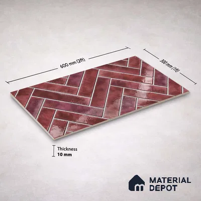 Faux Subway Wall Tile TL 11683 E Crimson Herringbone 2 ft x 1 ft Ceramic Glossy Finish Tile - 9 mm | Suitable For Bathroom, Basin Area, Kitchen Backsplash
