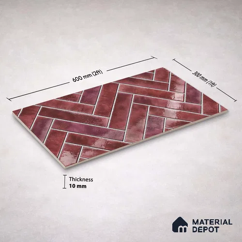 Faux Subway Wall Tile TL 11683 E Crimson Herringbone 2 ft x 1 ft Ceramic Glossy Finish Tile - 9 mm | Suitable For Bathroom, Balcony & Kitchen Backsplash
