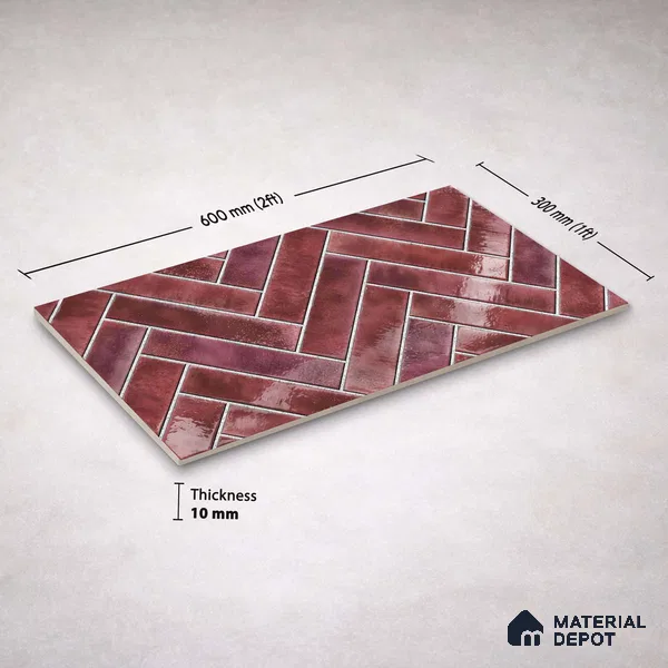 Faux Subway Wall Tile TL 11683 E Crimson Herringbone 2 ft x 1 ft Ceramic Glossy Finish Tile - 9 mm | Suitable For Bathroom, Basin Area, Kitchen Backsplash