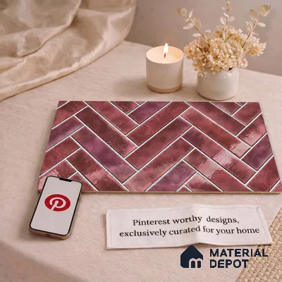 Faux Subway Wall Tile TL 11683 E Crimson Herringbone 2 ft x 1 ft Ceramic Glossy Finish Tile - 9 mm | Suitable For Bathroom, Basin Area, Kitchen Backsplash