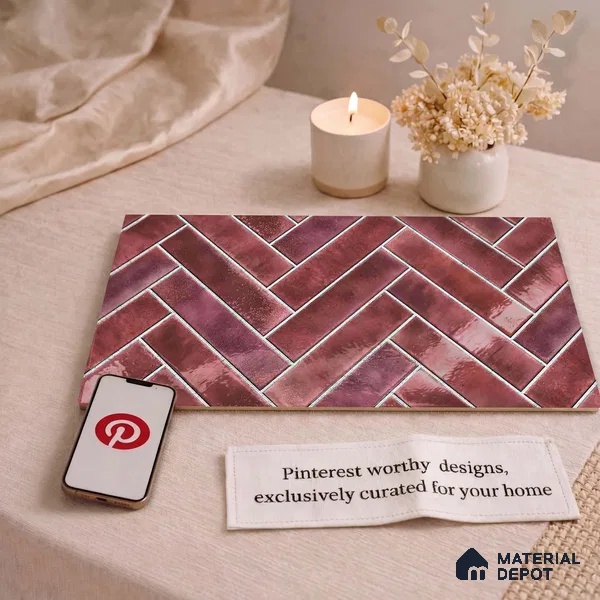 Faux Subway Wall Tile TL 11683 E Crimson Herringbone 2 ft x 1 ft Ceramic Glossy Finish Tile - 9 mm | Suitable For Bathroom, Basin Area, Kitchen Backsplash
