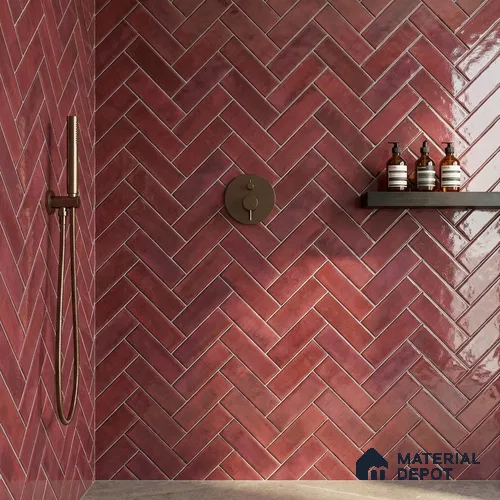 Faux Subway Wall Tile TL 11683 E Crimson Herringbone 2 ft x 1 ft Ceramic Glossy Finish Tile - 9 mm | Suitable For Bathroom, Basin Area, Kitchen Backsplash
