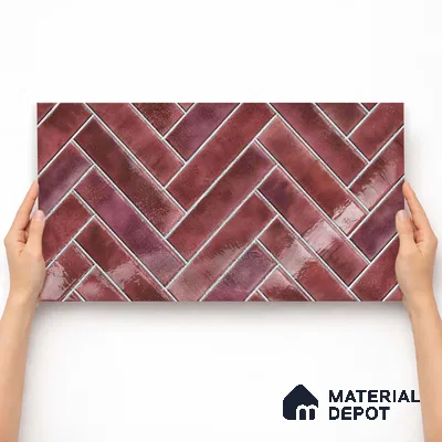 Faux Subway Wall Tile TL 11683 E Crimson Herringbone 2 ft x 1 ft Ceramic Glossy Finish Tile - 9 mm | Suitable For Bathroom, Basin Area, Kitchen Backsplash