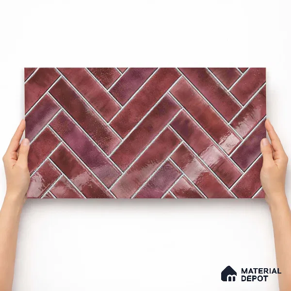 Faux Subway Wall Tile TL 11683 E Crimson Herringbone 2 ft x 1 ft Ceramic Glossy Finish Tile - 9 mm | Suitable For Bathroom, Basin Area, Kitchen Backsplash