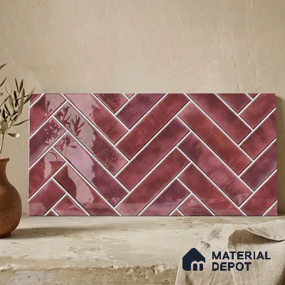 Faux Subway Wall Tile TL 11683 E Crimson Herringbone 2 ft x 1 ft Ceramic Glossy Finish Tile - 9 mm | Suitable For Bathroom, Basin Area, Kitchen Backsplash