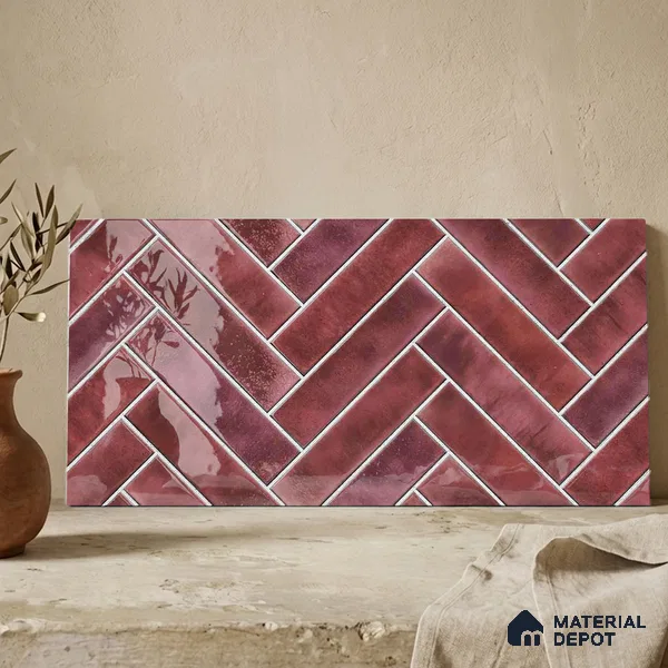 Faux Subway Wall Tile TL 11683 E Crimson Herringbone 2 ft x 1 ft Ceramic Glossy Finish Tile - 9 mm | Suitable For Bathroom, Basin Area, Kitchen Backsplash