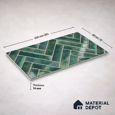 Faux Subway Wall Tile TL 11683 F Forest Herringbone 2 ft x 1 ft Ceramic Glossy Finish Tile - 9 mm | Suitable For Bathroom, Balcony & Kitchen Backsplash