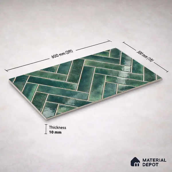 Faux Subway Wall Tile TL 11683 F Forest Herringbone 2 ft x 1 ft Ceramic Glossy Finish Tile - 9 mm | Suitable For Bathroom, Balcony & Kitchen Backsplash