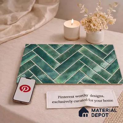 Faux Subway Wall Tile TL 11683 F Forest Herringbone 2 ft x 1 ft Ceramic Glossy Finish Tile - 9 mm | Suitable For Bathroom, Balcony & Kitchen Backsplash