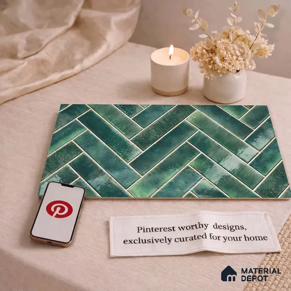 Faux Subway Wall Tile TL 11683 F Forest Herringbone 2 ft x 1 ft Ceramic Glossy Finish Tile - 9 mm | Suitable For Bathroom, Balcony & Kitchen Backsplash