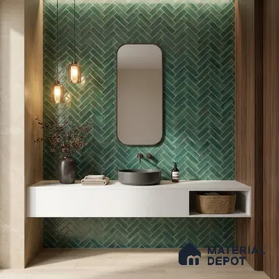 Faux Subway Wall Tile TL 11683 F Forest Herringbone 2 ft x 1 ft Ceramic Glossy Finish Tile - 9 mm | Suitable For Bathroom, Balcony & Kitchen Backsplash